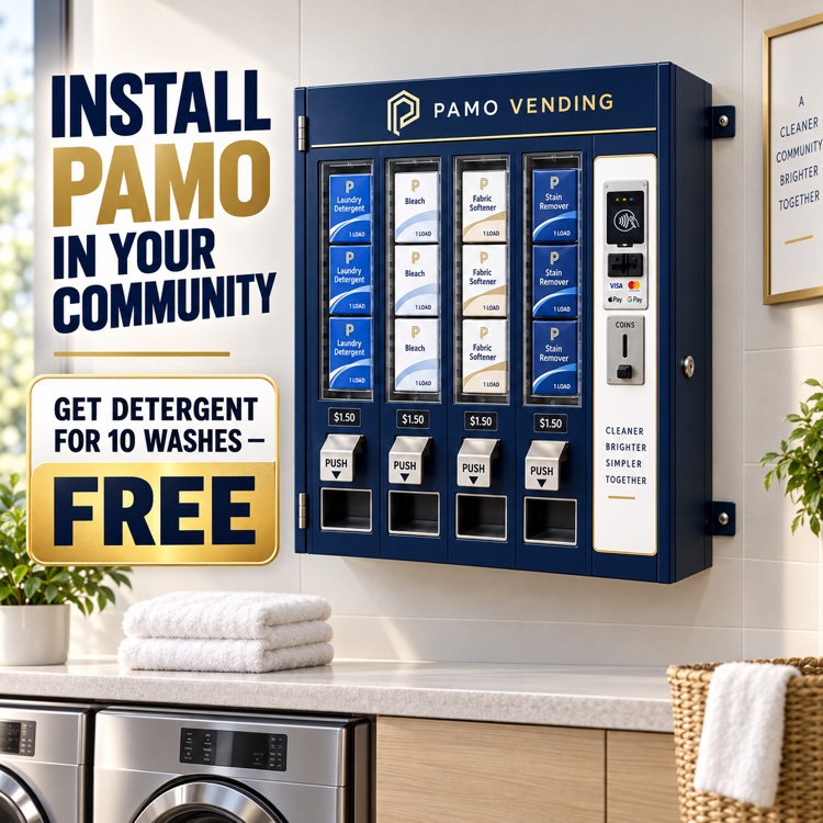 Install PAMO in your community — get detergent for 10 washes free